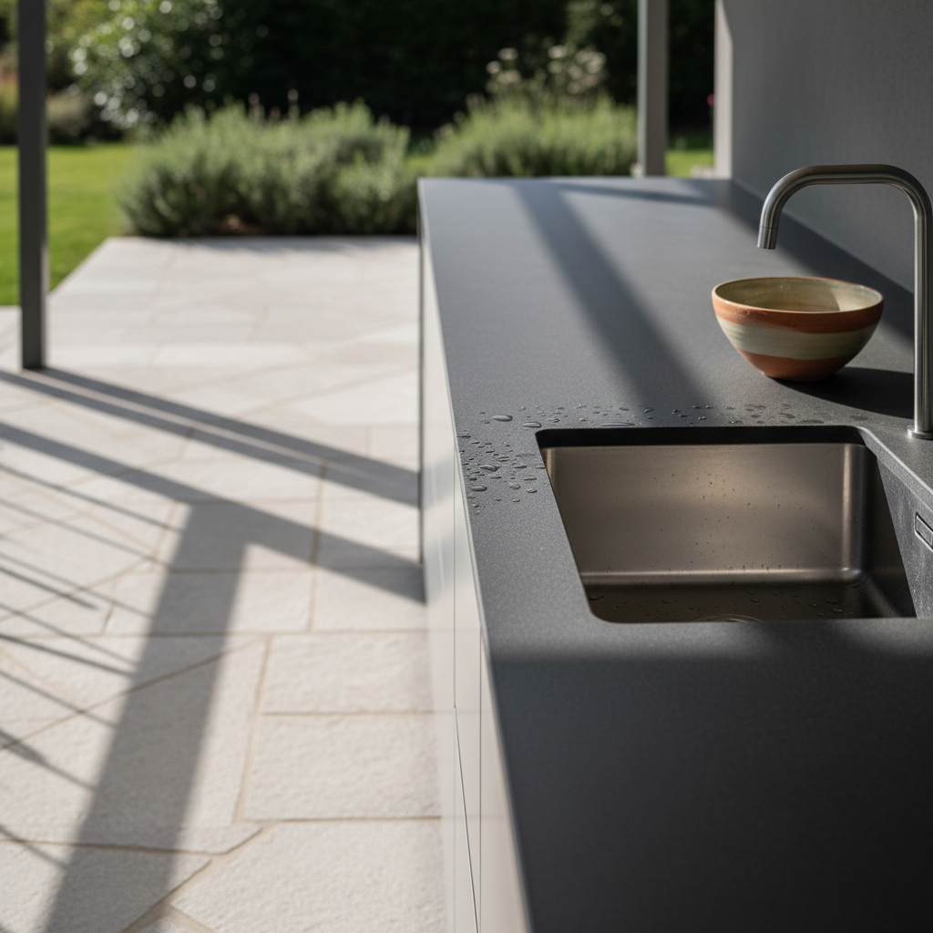 A close-up of an elegant stainless steel outdoor sink embedded into a dark charcoal composite counter, water droplets glistening on the brushed metal. The surface is perfectly clean, with a single artisanal ceramic bowl in muted earth tones resting beside the faucet. Set in a covered terrace corner, pale stone pavers and a glimpse of greenery provide a backdrop. Diffused natural daylight softly illuminates the textures, with gentle shadows cast by architectural lines. The mood is modern, calm, and refined. Captured from a low, intimate angle with shallow depth of field, emphasizing material sophistication in a minimalist, photographic style.