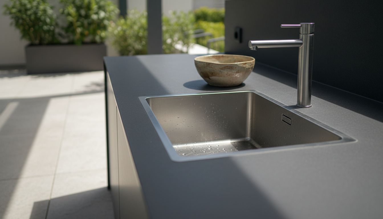 A close-up of an elegant stainless steel outdoor sink embedded into a dark charcoal composite counter, water droplets glistening on the brushed metal. The surface is perfectly clean, with a single artisanal ceramic bowl in muted earth tones resting beside the faucet. Set in a covered terrace corner, pale stone pavers and a glimpse of greenery provide a backdrop. Diffused natural daylight softly illuminates the textures, with gentle shadows cast by architectural lines. The mood is modern, calm, and refined. Captured from a low, intimate angle with shallow depth of field, emphasizing material sophistication in a minimalist, photographic style.